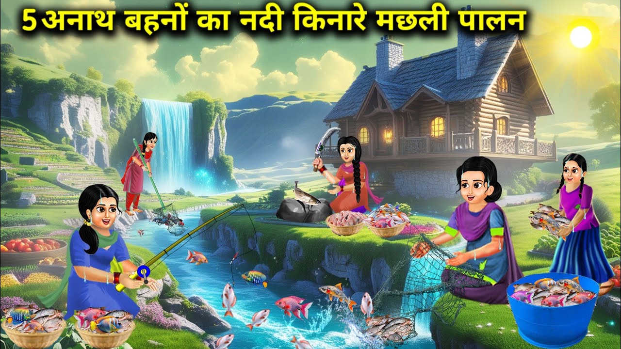 गर्मी में 5 अनाथ बहनों का नदी किनारे मछली पालन || Hindi cartoon stories || Five orphaned sisters do.