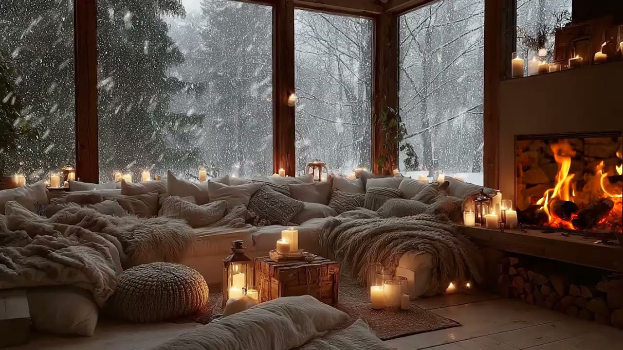 Winter Night Fireplace ❄️🔥 Falling Snow & Gentle Piano for Stress Relief