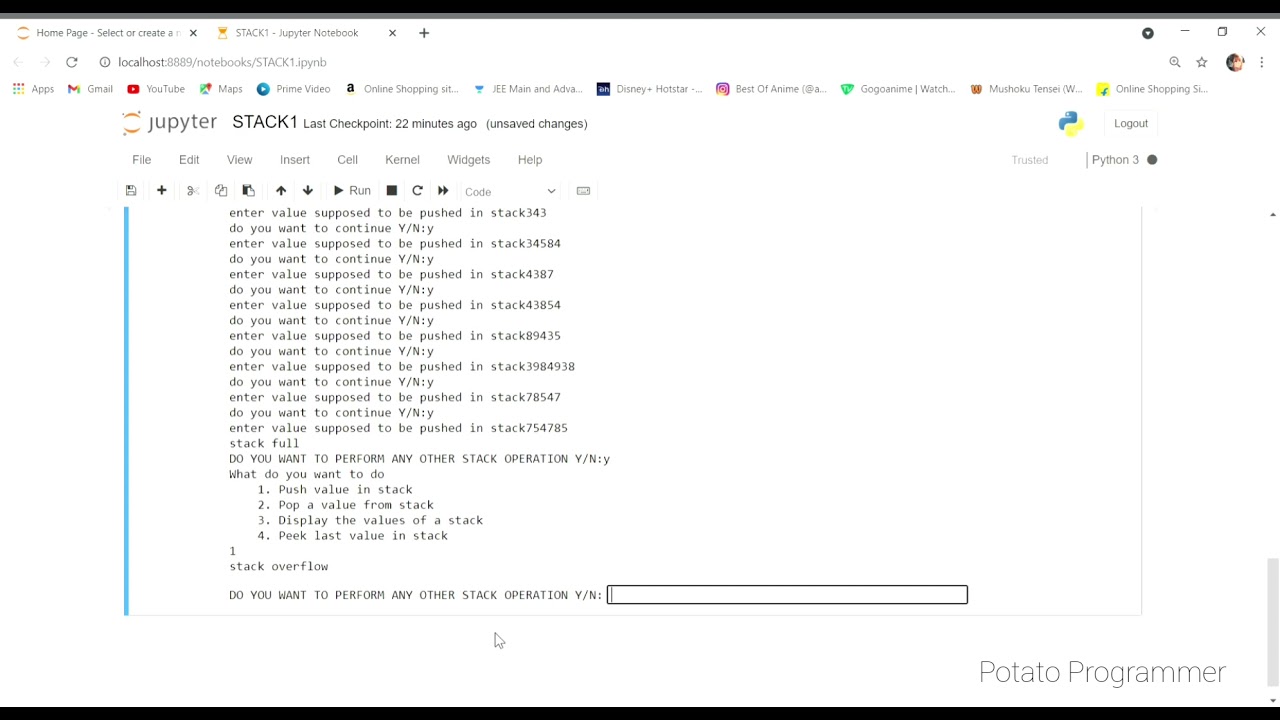 || Basic Stack operation in python || (push, pop, peek and displaying stack)
