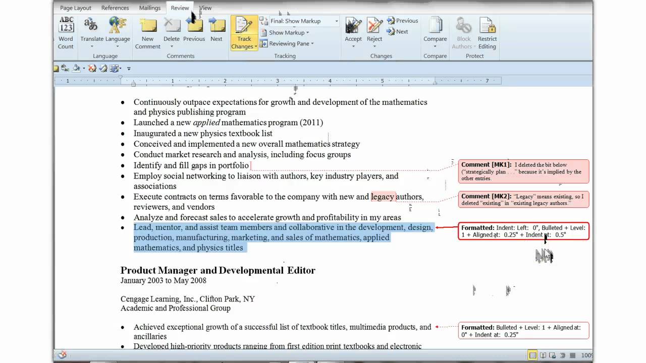 Showing or Hiding Formatting & Other Tracked Changes (Word 2010)