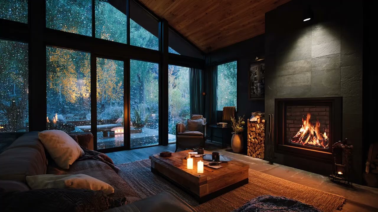 Soothing Rain And Warm Fire Crackles Creating A Peaceful Cozy Atmosphere For Deep Relaxation