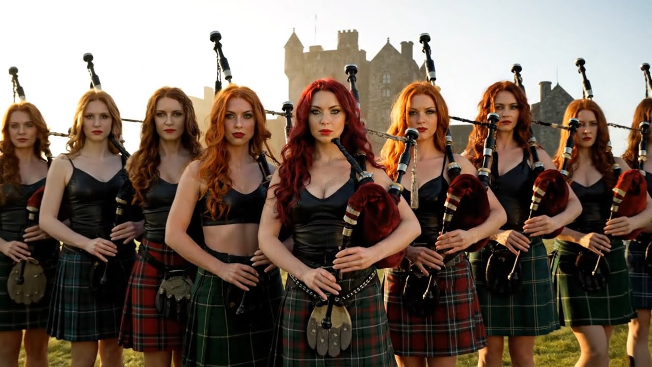 The Celtic Flame Brigade: Stunning Red-Haired Scottish Bagpipers Storm Ancient Highlands
