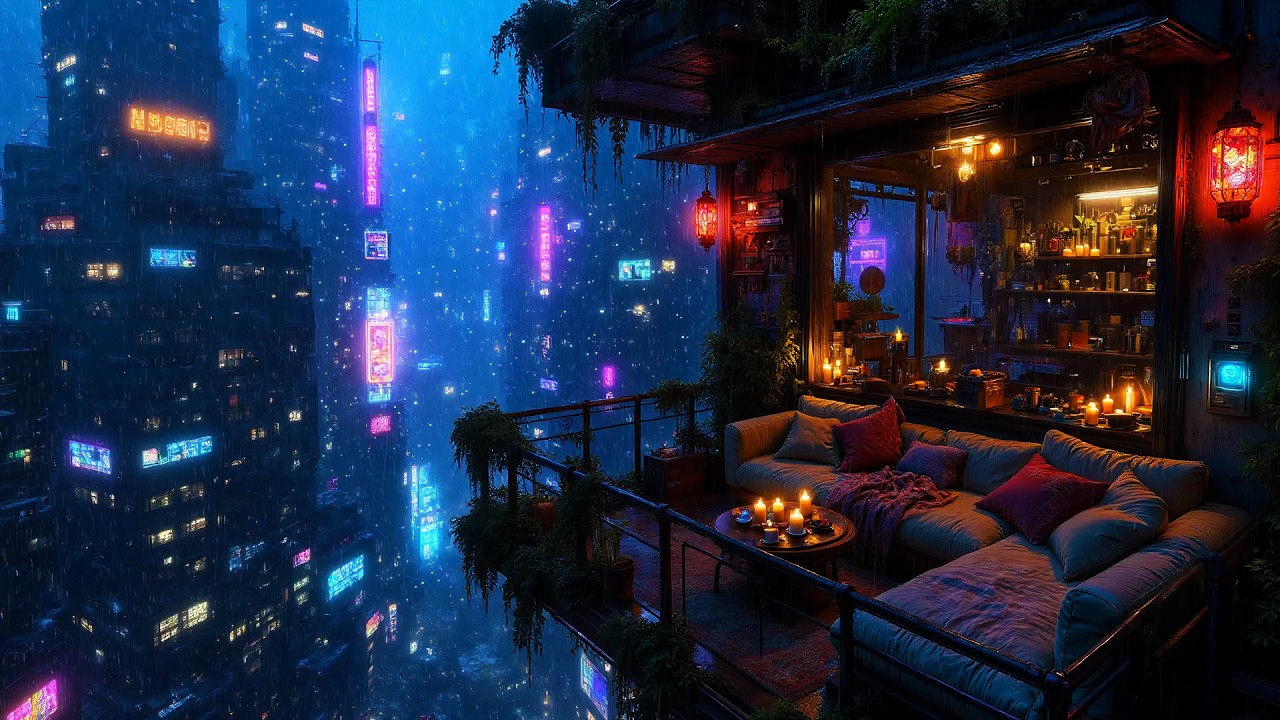 Lofi Ambient – Cozy High-Rise Cyberpunk City Balcony in Heavy Rain | Deep Focus & Sleep | 4K