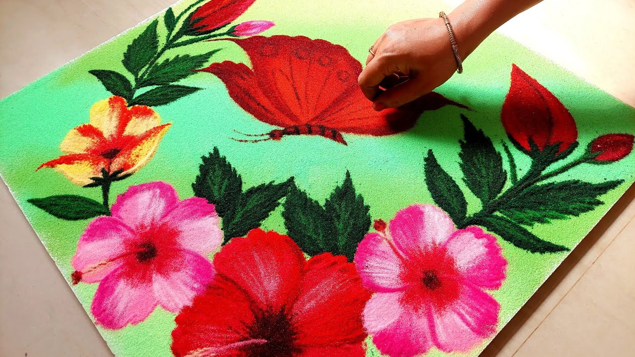 Hibiscus Flower Poster Rangoli for Diwali | Butterfly Rangoli | हळद कुंकू रांगोळी | Dasara Rangoli