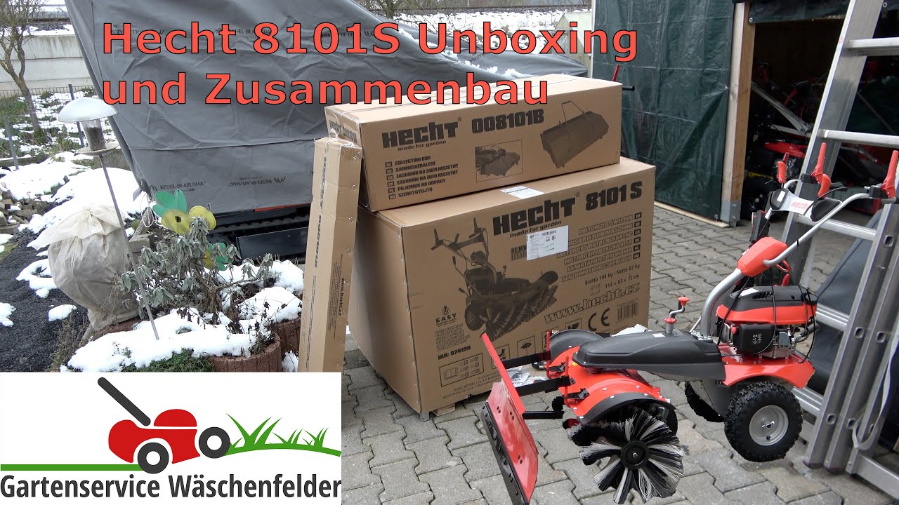 Hecht Kehrmaschine 8101 S Unboxing, Zusammenbau und erster Test, mit Schneeschild und Auffangbox