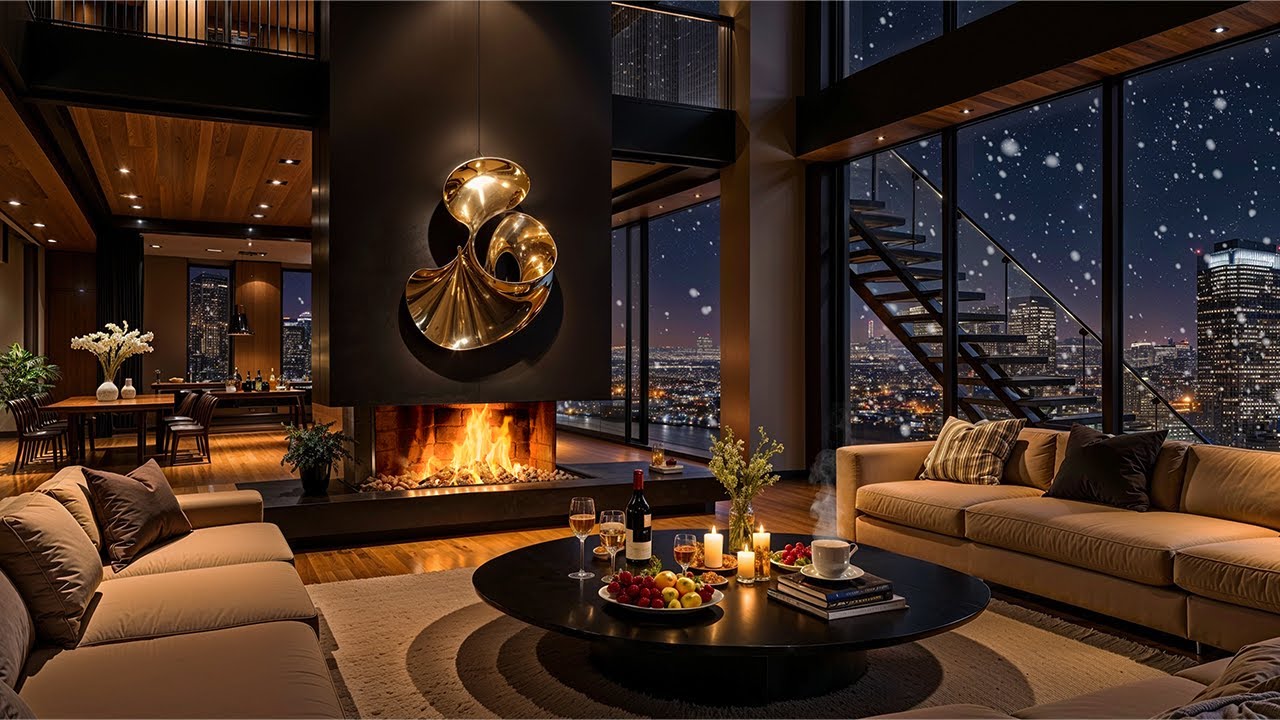🌙 Cozy Winter Apartment 🎹 Piano Jazz Music & Fireplace Ambience | Warm Relaxing Background Jazz
