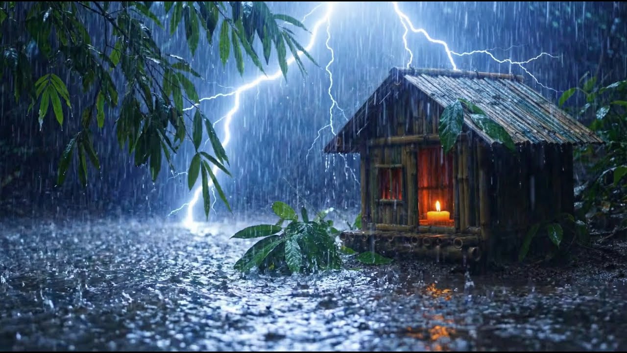 Cozy Bamboo Cabin in Thunderstorm ⛈️ Heavy Rain & Lightning Sounds for Deep Sleep (No Music)