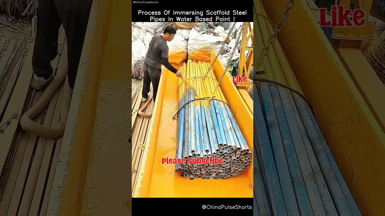 Immersing Scaffold Steel Pipes in Water-Based Paint! 🎨🔩 #steelpipecoating #constructionprep