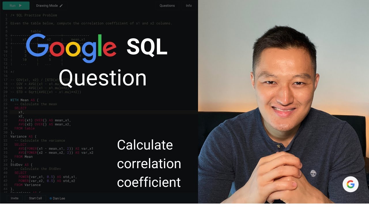 Вопрос на собеседовании по Google SQL: рассчитать коэффициент корреляции