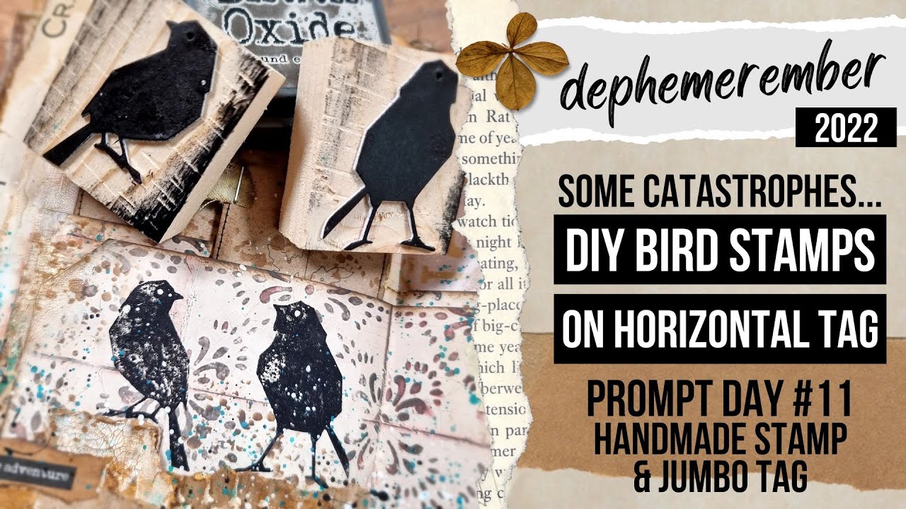 DIY bird stamps & other catastrophes on horizontal junk journal tag with pockets! DEPHEMEREMBER #11