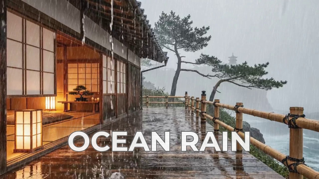 12 Hours Deeply Comforting Heavy Rain at Cliffside Balcony with Sea View for Anxiety Relief Now 🌊