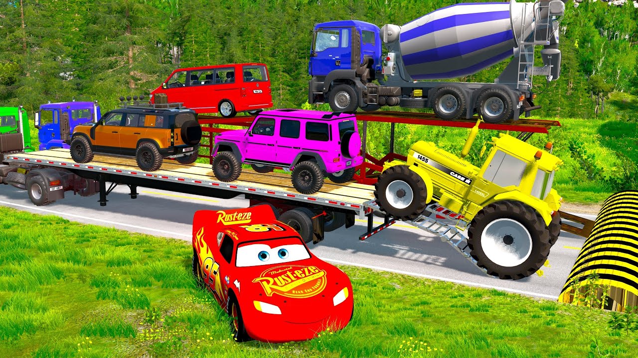 Flatbed Truck McQueen | Transportation with Truck - Pothole vs Car #1 | BeamNG.Drive Gameplay