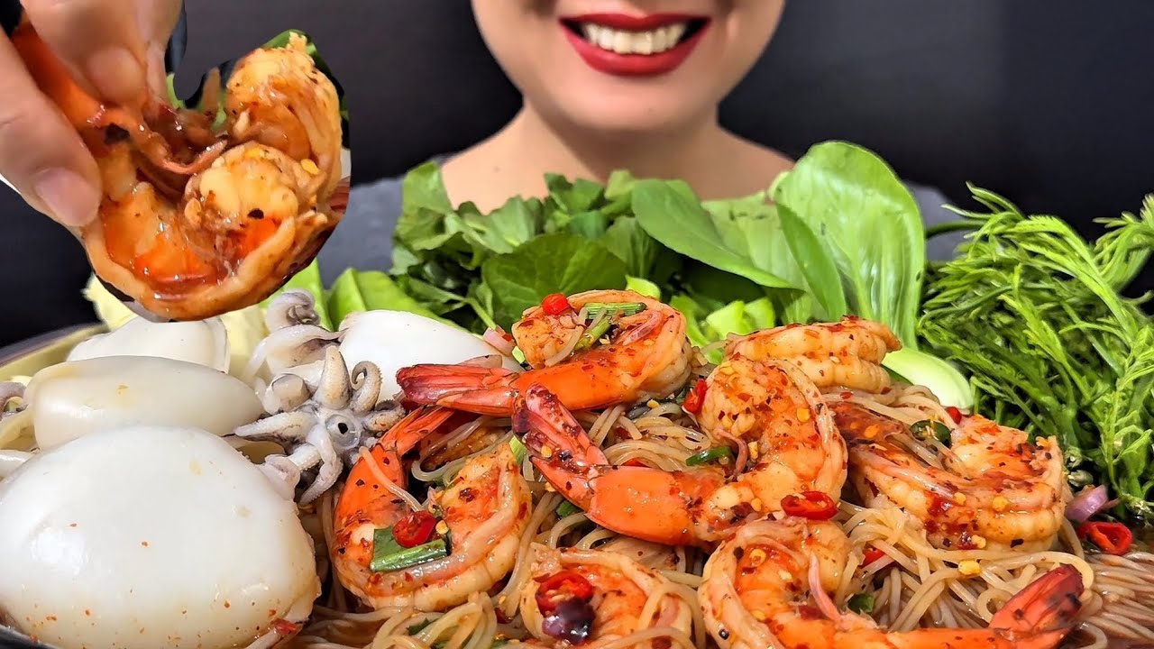 Thaifood ASMR ยำขนมจีนกุ้งเด้ง กุ้งจัมโบ้ทั้งหวานทั้งกรอบ คู่ขนมจีนShrimp noodle salad MUKBANG show