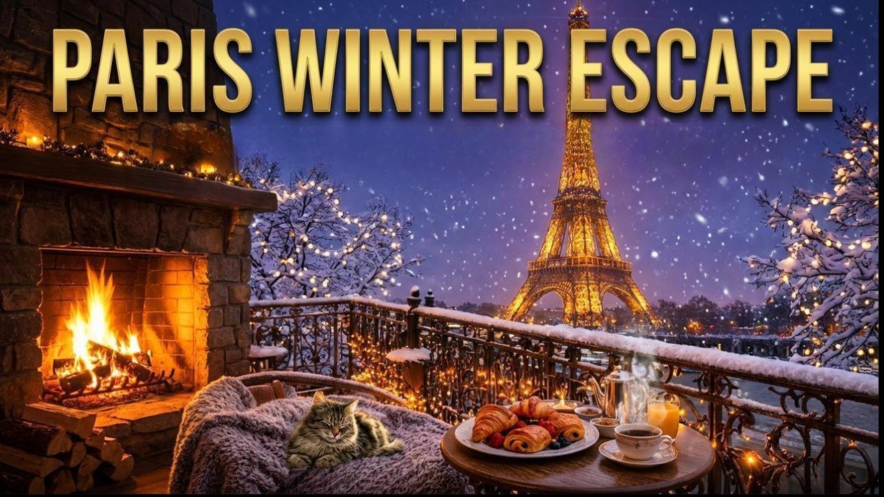 Winter Escape to Paris | Smooth Jazz, Fireplace & Snowfall for Focus