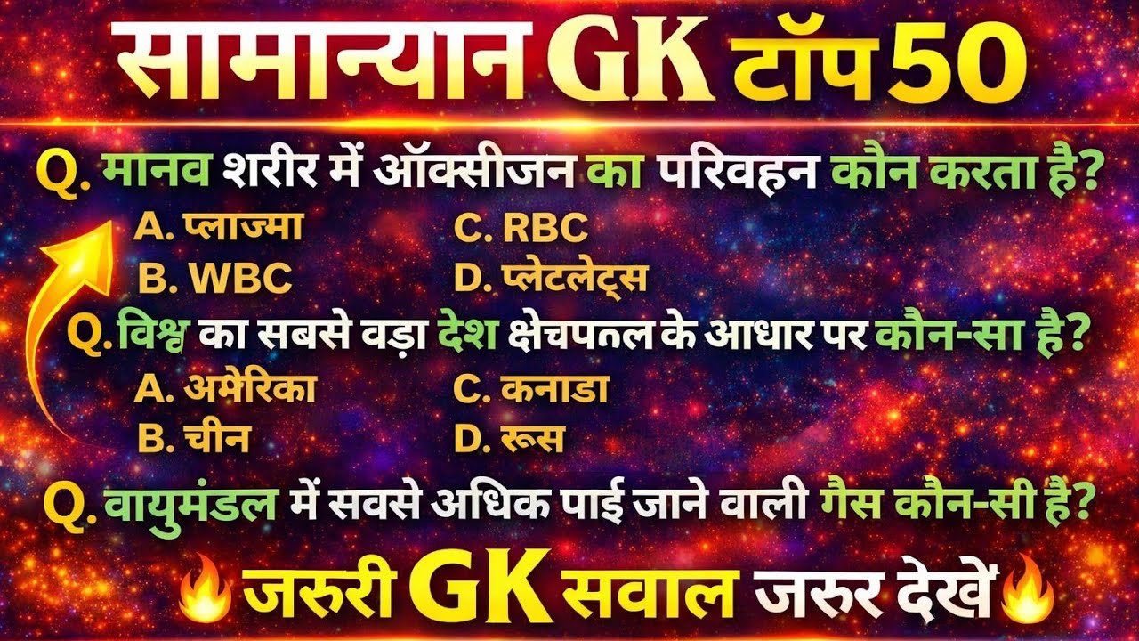 📘 सामान्य ज्ञान GK टॉप 50 🔥| SSC • Bihar Police • MTS😱 | GK Quiz in Hindi 🔥