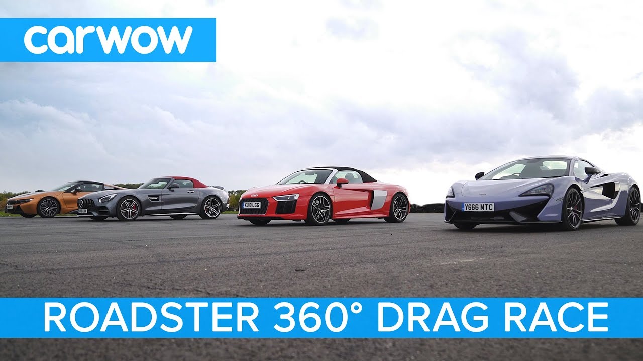 AMG GT C vs Audi R8 vs McLaren 570S vs BMW i8 - 360&deg; Roadsters ROOF, DRAG and ROLLING RACE!
