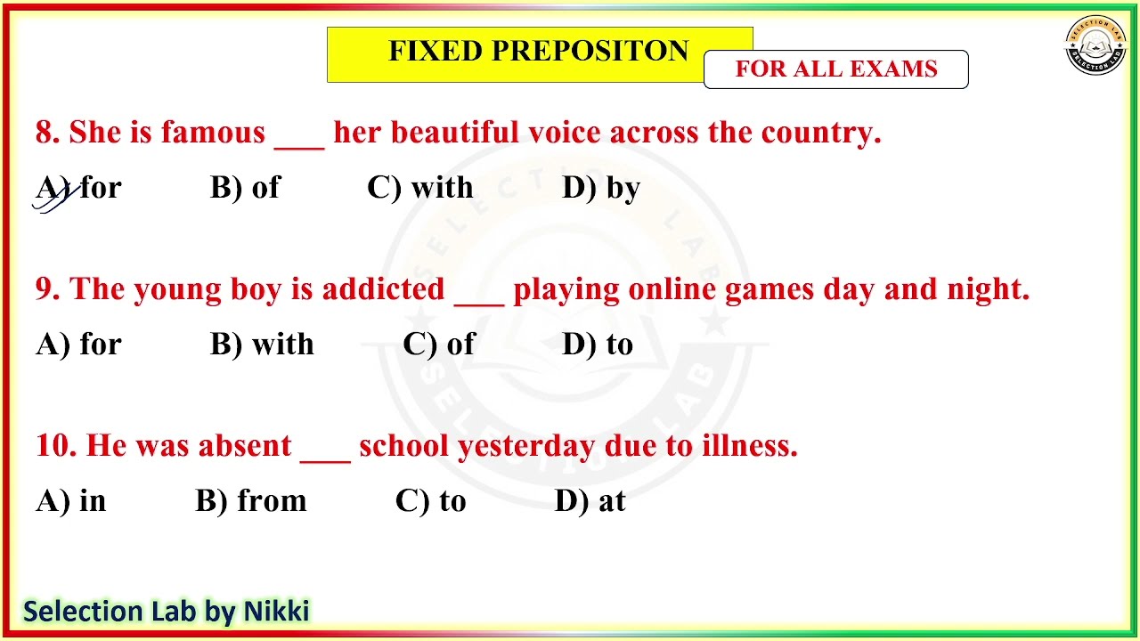 Fixed Prepositions Practice set-01 for all exams | #boards and #englishgrammar #competitive exams 