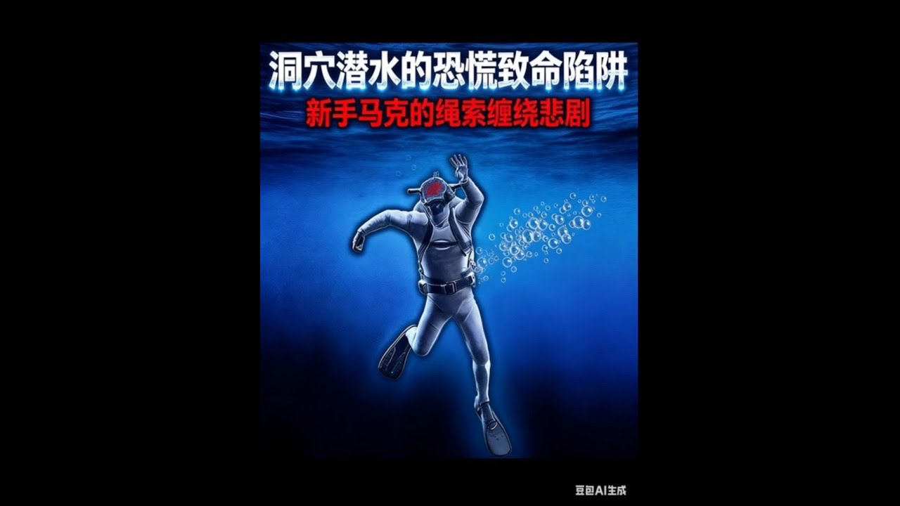 四名潜水员进入水下洞穴做常规训练。计划很简单：沿着导航绳推进，再原路返回。水流正常，能见度正常，没有任何外在征兆。就在接近一个气室前，其中一名新手被导航绳缠住了。#探险 #潜水