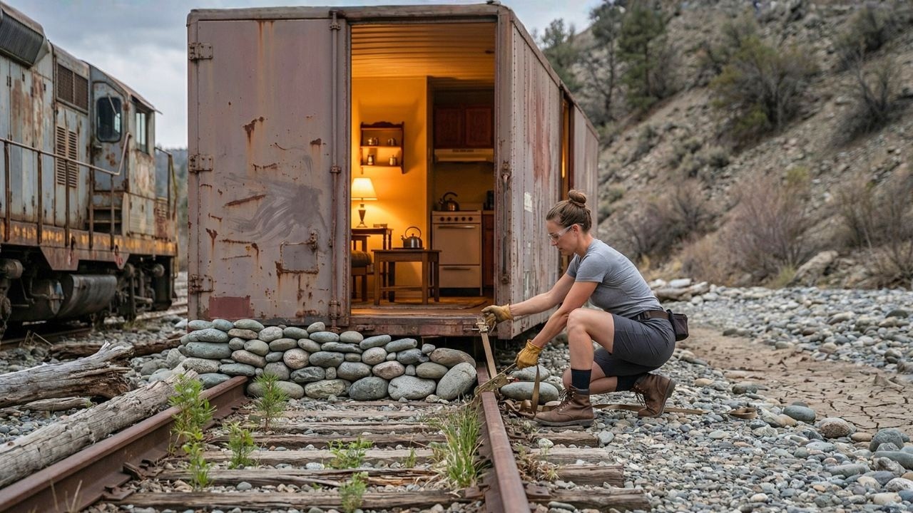 Abandoned Diesel Locomotive in a Dried Riverbed — Turned the Boxcar Into a Hidden Cabin (ASMR)