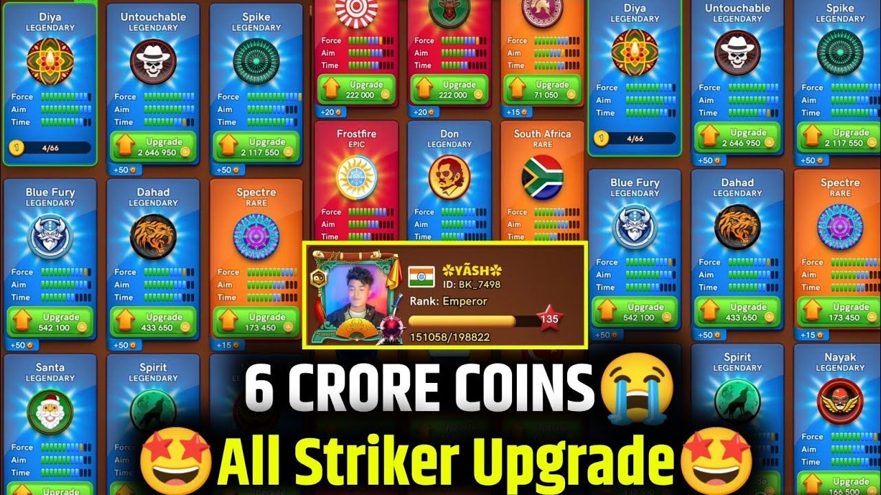 🔥 All Striker Upgrade 🎉 6 Crore Coins Loss 😭 Carrom Pool Gaming Yash 🎉🔥