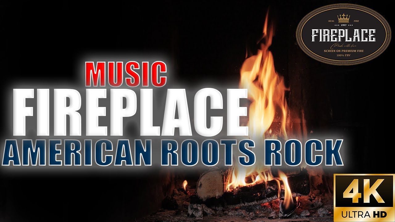 American Roots Rock Music Fireplace | Burning & crackling fire sounds | Premium | Ultra HD 4K.
