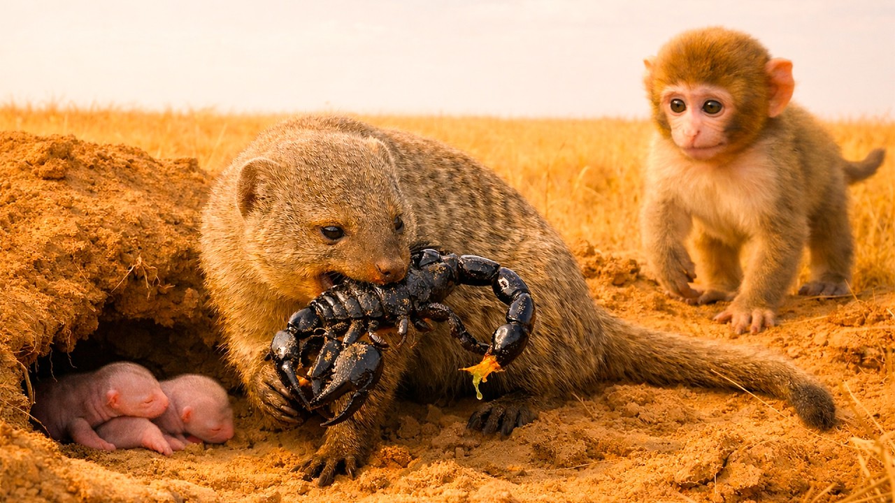 Mother Mongoose Protect Her Newborn Pups From a Rhesus Macaque Baby and Scorpion