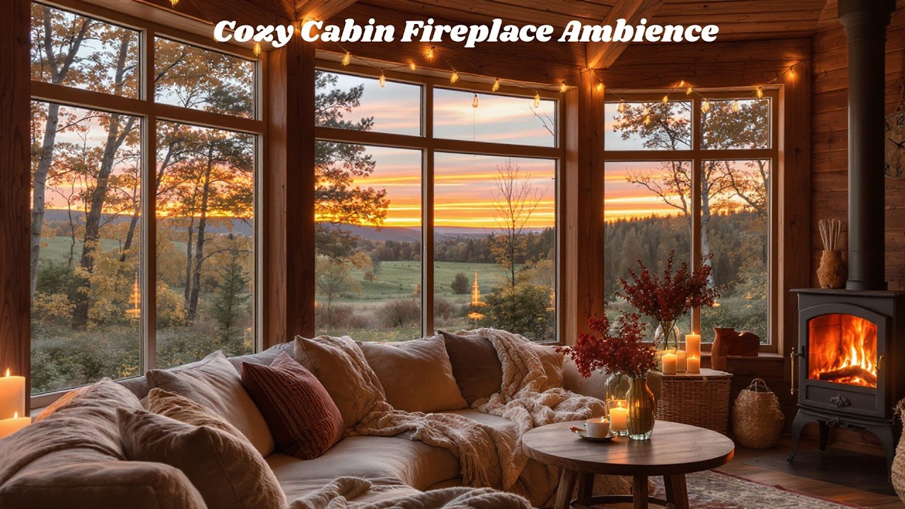 Cozy Autumn Cabin Fireplace 🔥 6 Hours of Crackling Fire Sounds & Sunset Ambience