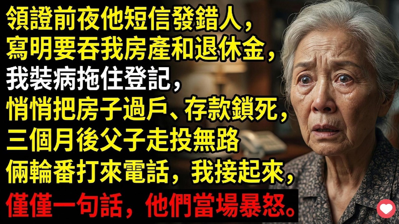 領證前夜他短信發錯人，寫明要吞我房產和退休金，我裝病拖住登記，悄悄把房子過戶、存款鎖死——三個月後他兒子債主逼門，父子倆輪番打來電話，我接起來，平靜念出公證書編號，電話那頭東西摔了一地。#故事
