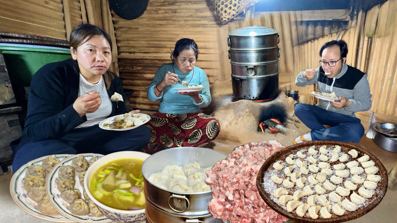 Village Style Pork Momo Cooking & Eating | Momos Recipe | Nepali Village Family Lifestyle Vlog