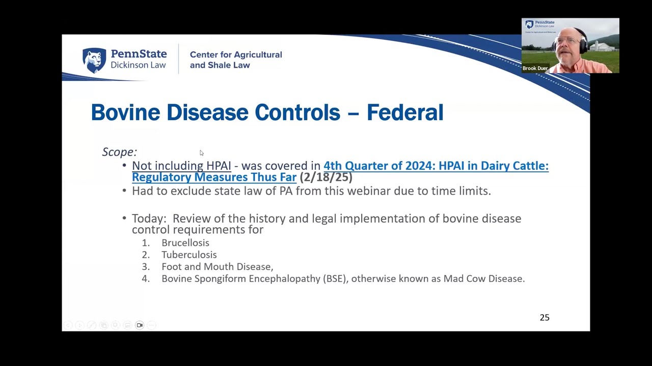 April 2025 Quarterly Dairy Legal Webinar: Bovine Disease Controls: Federal Laws and Regulations