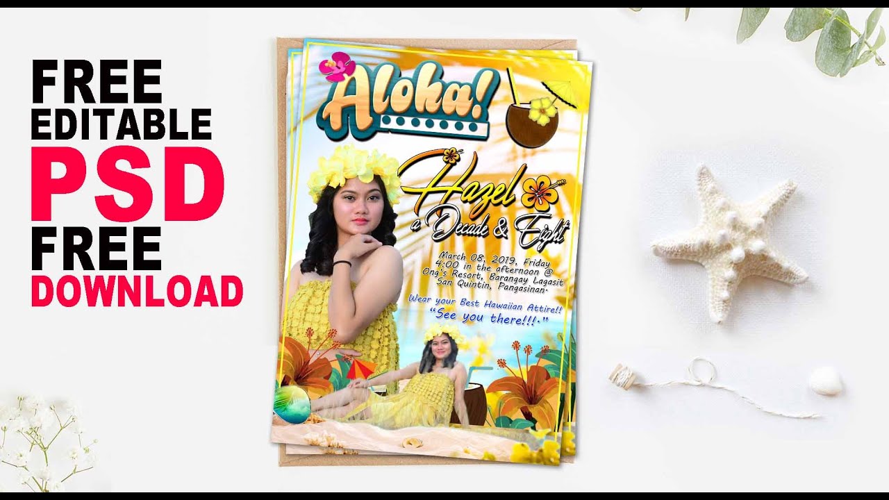 Hawaiian Theme 18th Birthday Simple Invitation: Free PSD File Download