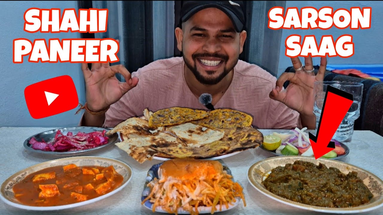 INDIAN VERY SPICY SANSON KA SAAG, BEST SHAHI PANEER,BUTTER NAAN,MISSI ROTI,BURGER ! MUKBANG