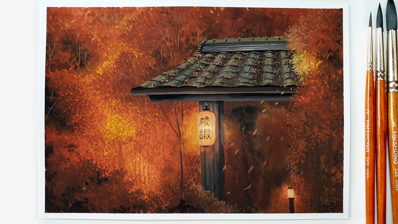 Autumn Landscape Painting with Gouache ｜ House in the Autumn Forest