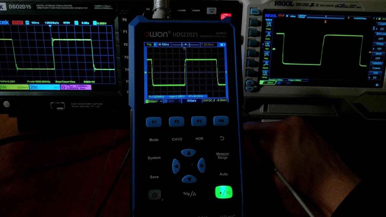 Осциллограф OWON hds2202s, Hantek 2D15, Rigol DS1202Z-E Меандр(Square) 1..10MHz, Sinus 150..450MHz