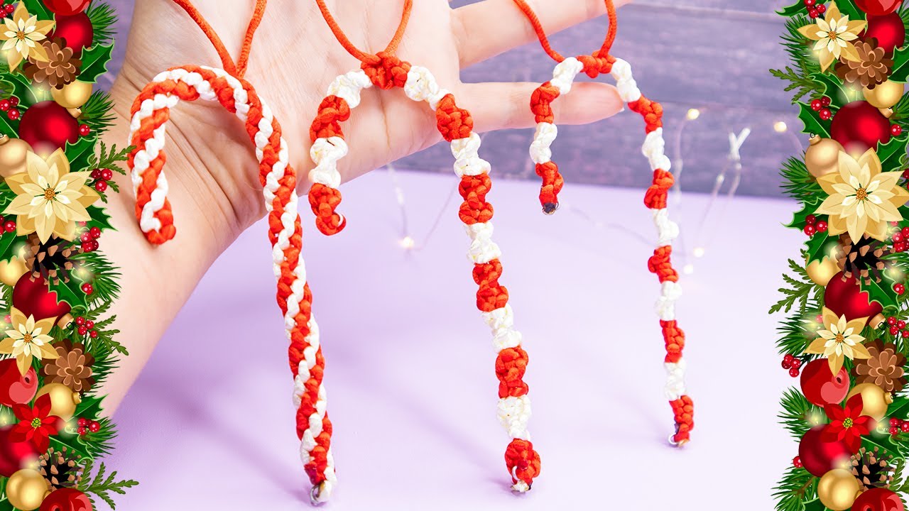 3 BASTONES de NAVIDAD en MACRAME con hilo cola de RATON / Macrame Candy Cane Christmas