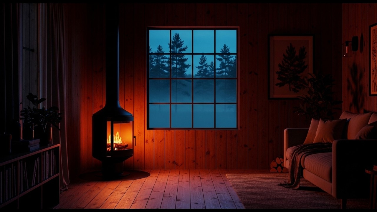 Peaceful Cabin Fireplace Night 🔥 Misty Pine Forest Window | Deep Sleep Ambience
