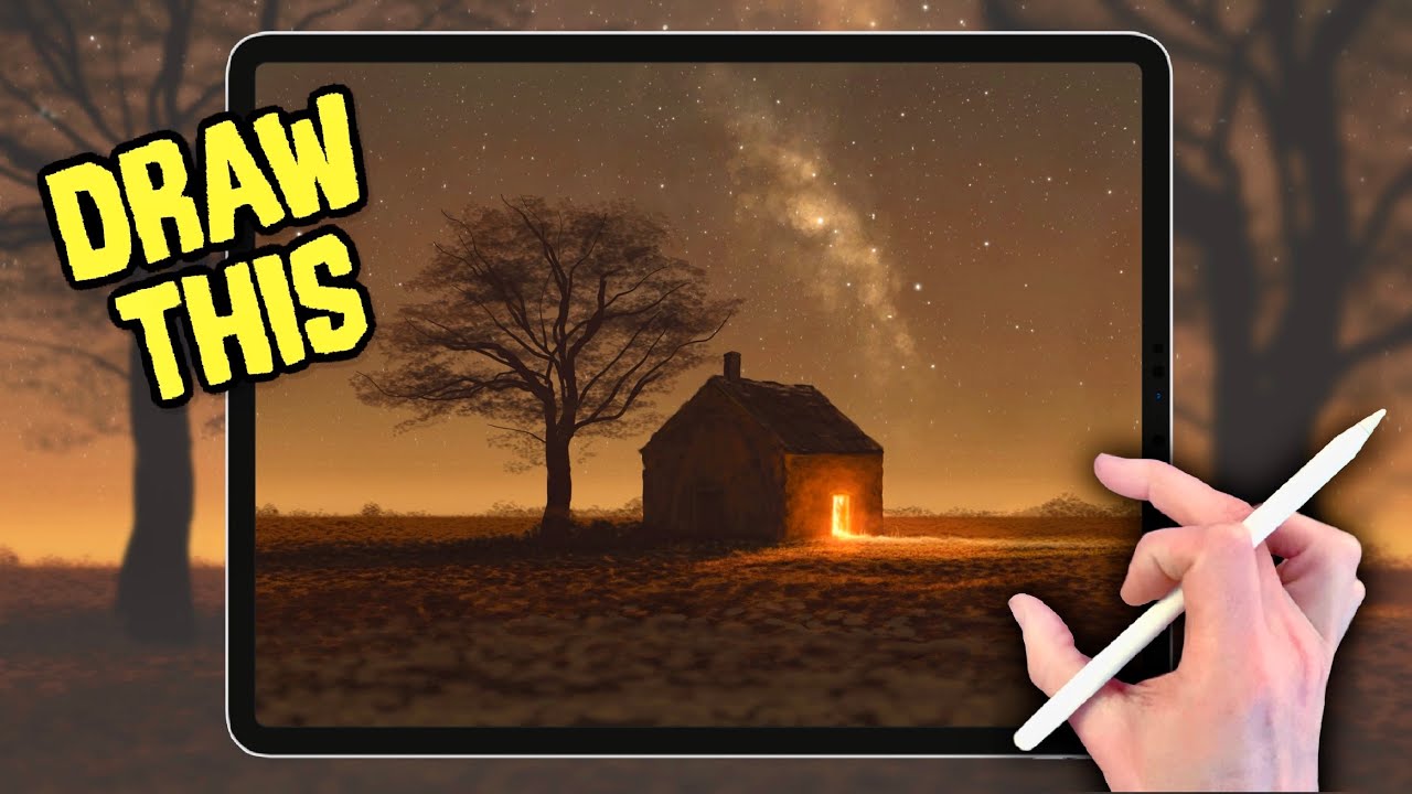 EASY PROCREATE Landscape DRAWING Tutorial in EASY Steps - Night Barn
