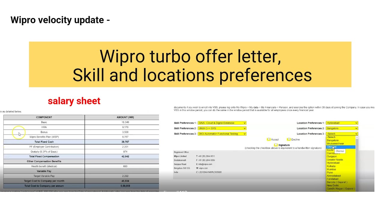 Wipro turbo offer letter,  Skill and locations preferences | Wipro velocity update | salary sheet