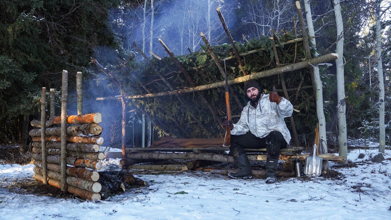 Bushcraft Camp - 72 Hour Solo Survival Shelter, Hare Hunt & Cook, Winter in the Canadian Backcountry