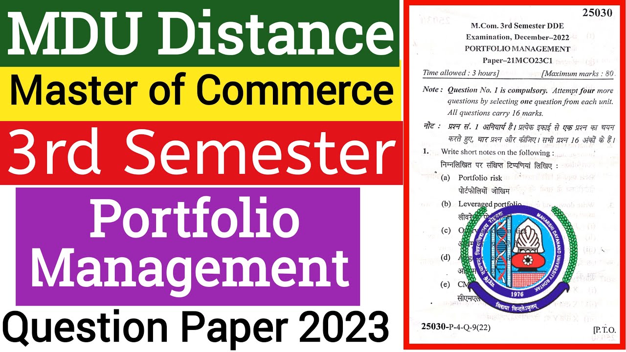 Mdu M.Com Distance Portfolio Management 3rd semester Question Paper 2023 |Portfolio Management Paper
