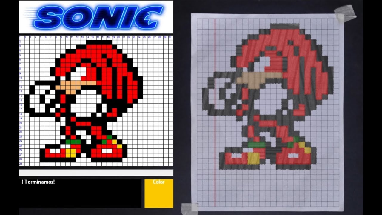 Tutorial paso a paso de PixelArt de Knuckles, el equidna amigo de Sonic, en papel cuadriculado
