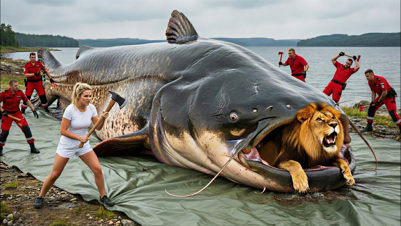 Heroic Rescue Team Saves the Brave Father Lion from the Giant Catfish’s Deadly Jaws 🦁🐋
