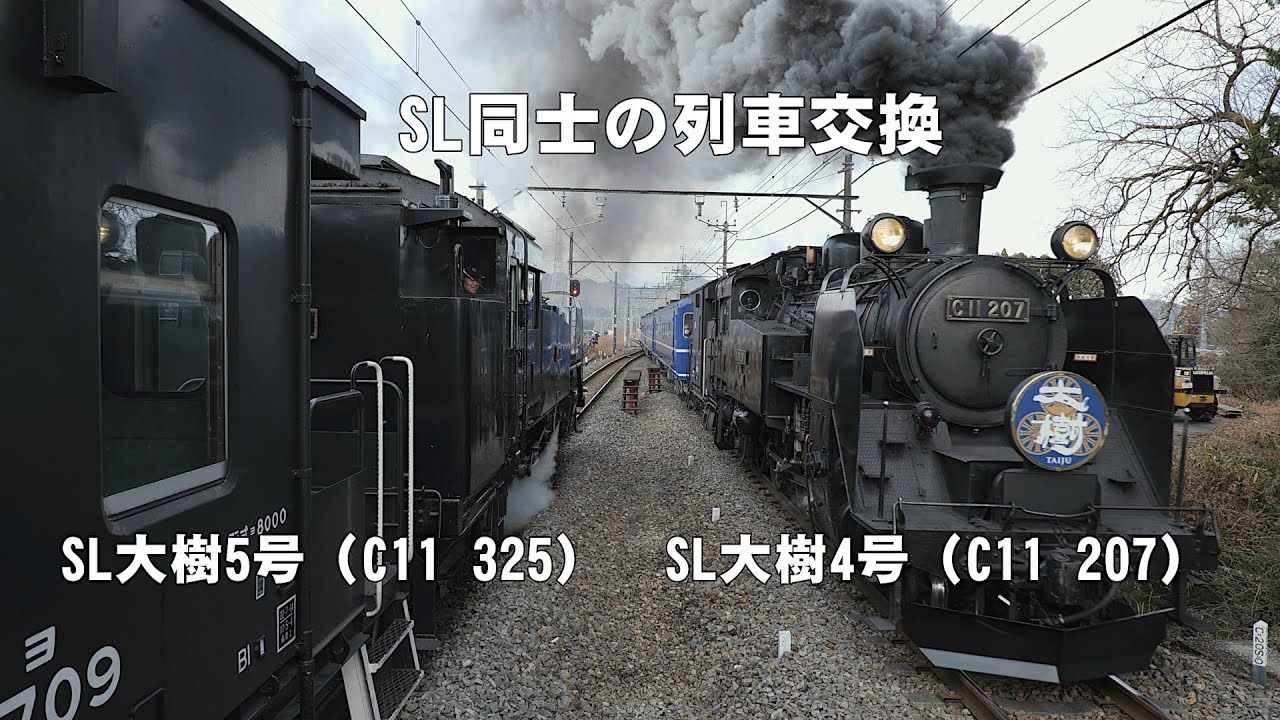 魅了！ SL大樹同士の列車交換・・東武鉄道 鬼怒川線 大樹5号（C11 325）、大樹4号（C11 207）