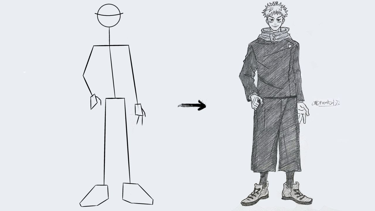 How to draw Itadori Yuji Full Body out of Stick Man | Easy Step by Step