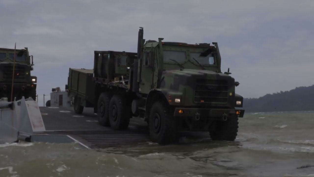 U S  Marines with 3rd LSB Offload a Causeway Ferry