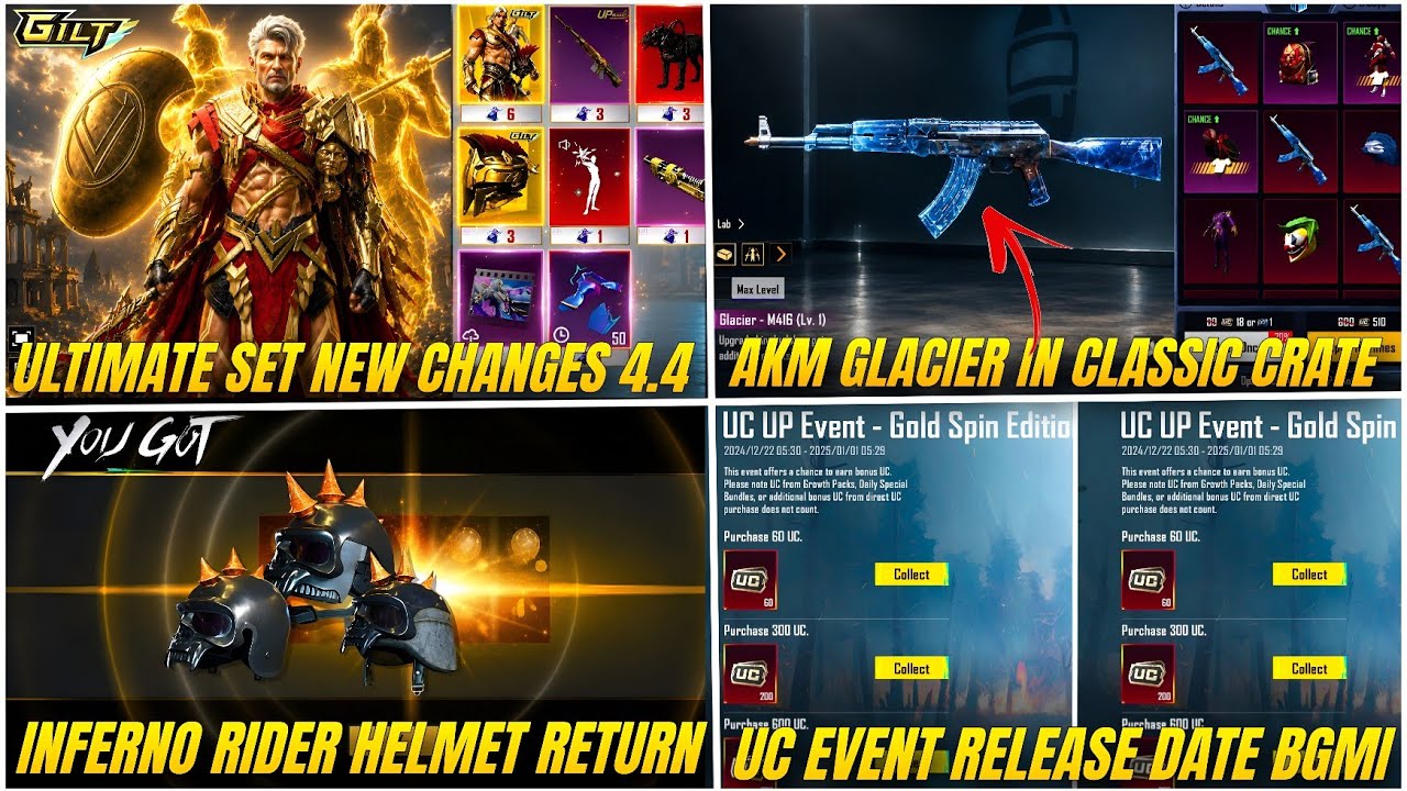 BGMI UC EVENT RELEASE DATE | AKM GLACIER RETURN 🤩 INFERNO HELMET RETURN | 1ST ULTIMATE 4.4 UPDATE 