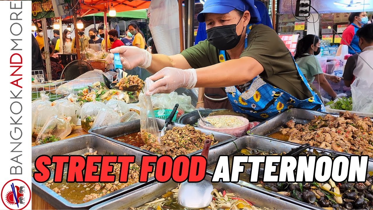 Busy Afternoon STREET FOOD Market in BANGKOK Thailand