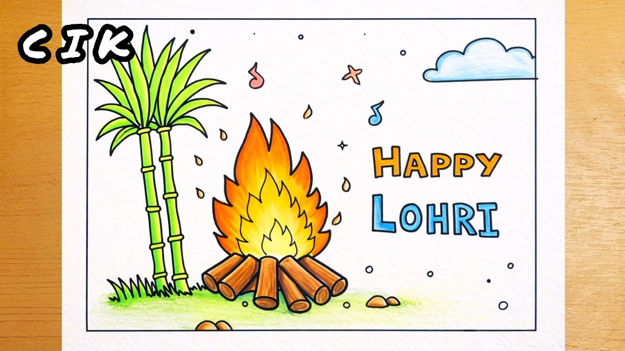 Happy Lohri Drawing | Easy Lohri Bonfire & Sugarcane Drawing for Kids | Punjabi Festival Art