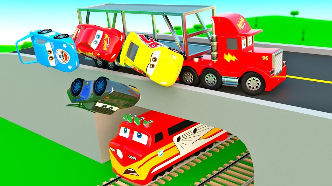 Railroad Cars Stories, Mack Transporter Truck train hit, McQueen Friends in Trouble, Police Chase