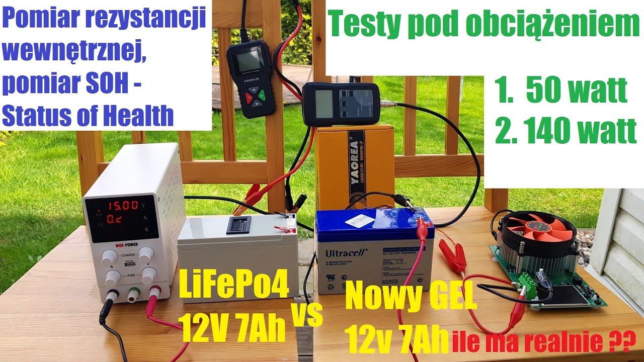 Nowy GEL 12V 7Ah vs LiFePO4 12V 7Ah. Testy pojemności pod obciążeniami, pomiar rezystancji i SOH